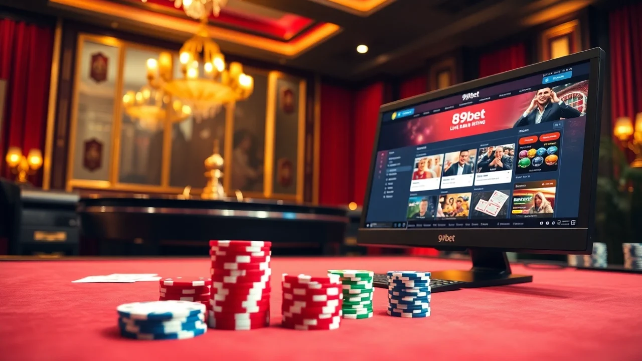 Exciting casino gaming scene showcasing 89bet with vibrant poker chips and roulette wheel.