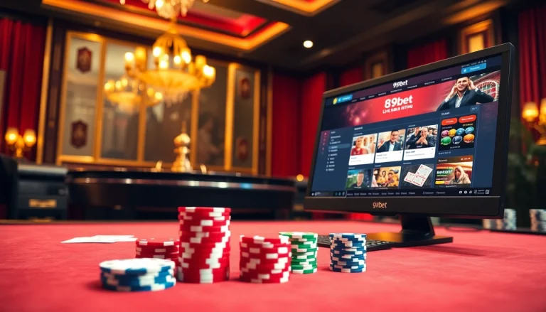 Exciting casino gaming scene showcasing 89bet with vibrant poker chips and roulette wheel.