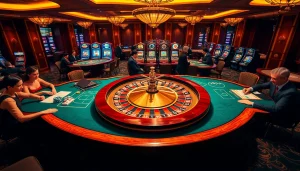 Engaging casino experience showcasing 98win10 with roulette wheel and poker players.