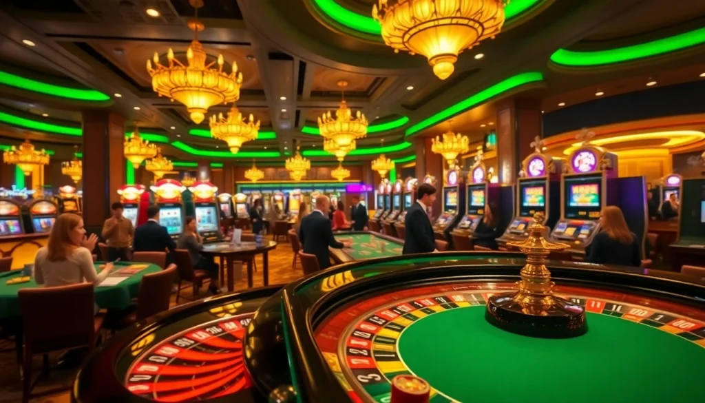 Experience the thrill of lc88 gambling with vibrant casino games, roulette tables, and lively players.