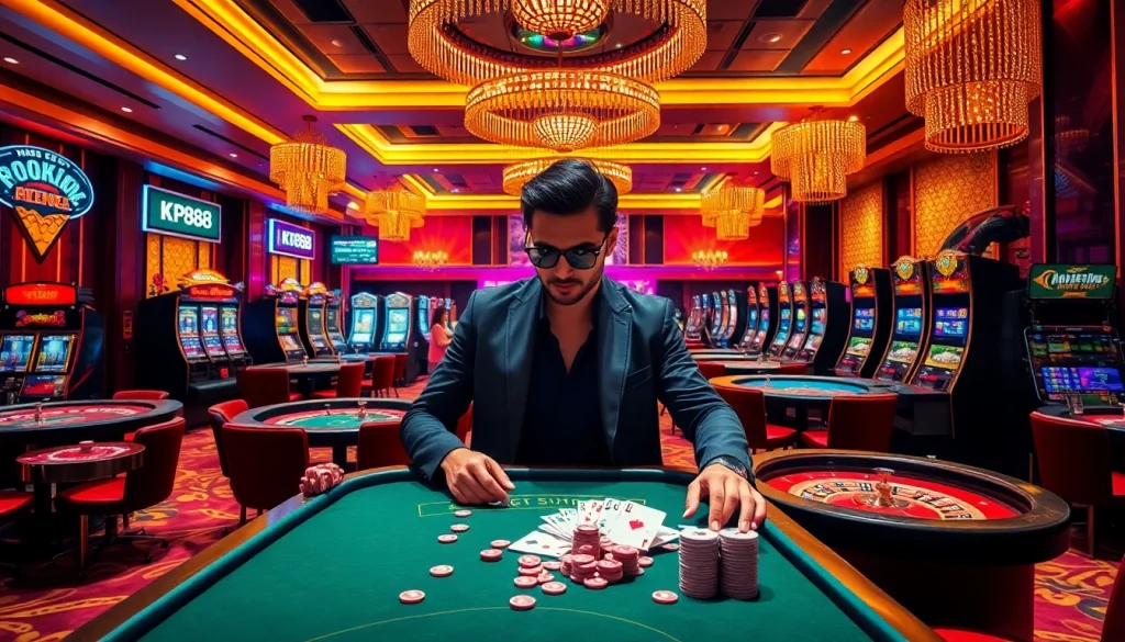Players enjoying the thrilling experience at KP888 casino games, showcasing excitement and luxury.