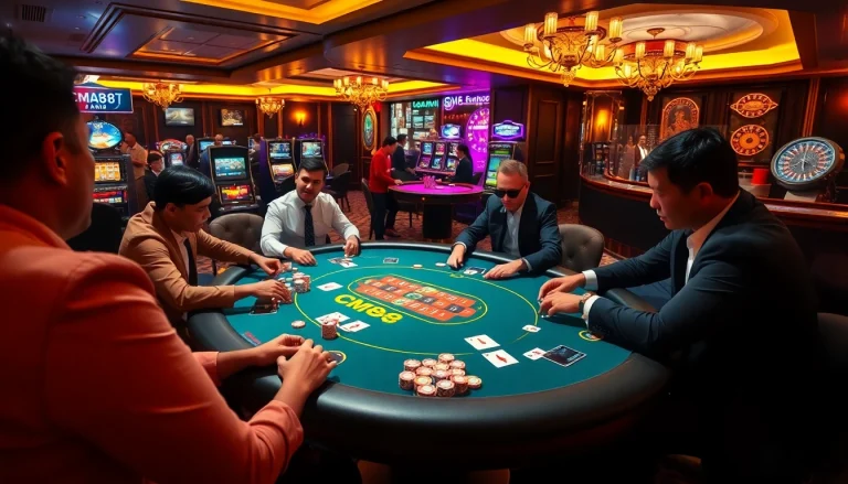 Players betting at a luxurious poker table in an upscale casino featuring CM88 branding, showcasing excitement and strategy.