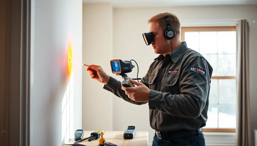 Power flush technician using advanced leak detection tools to identify leaks in a home.