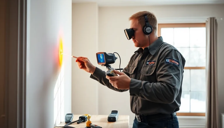 Power flush technician using advanced leak detection tools to identify leaks in a home.