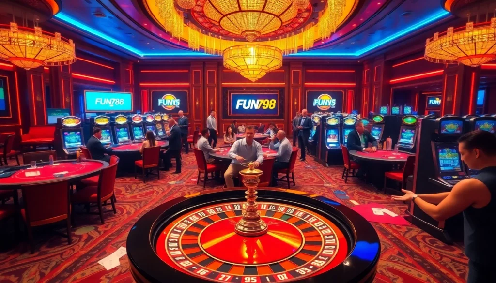 Experience the thrill of gambling at a luxurious casino featuring fun798 elements, poker tables, and roulette.