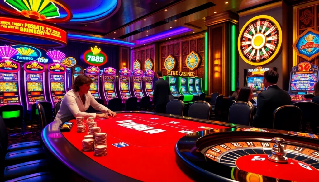 A thrilling poker game at alo 789 casino, showcasing vibrant slot machines and excited players.