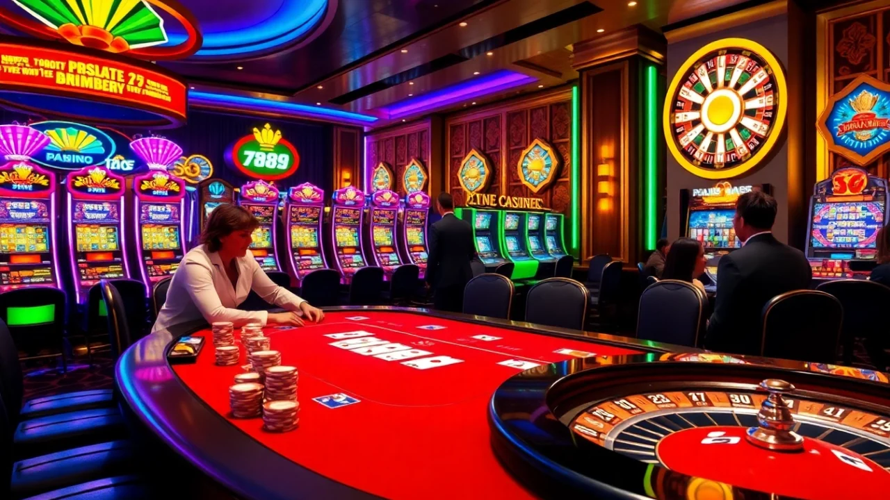 A thrilling poker game at alo 789 casino, showcasing vibrant slot machines and excited players.