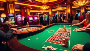 Experience the thrill of app 98win with a vibrant casino scene featuring roulette, slots, and poker.