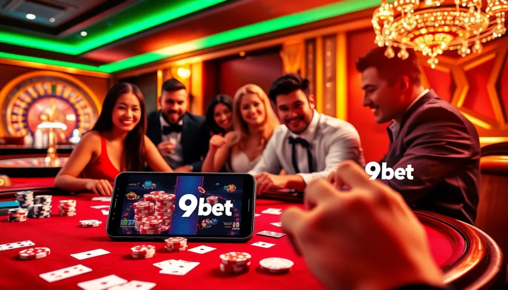 Engage in a thrilling game of poker at a 9bet casino table surrounded by vibrant chips and cards.