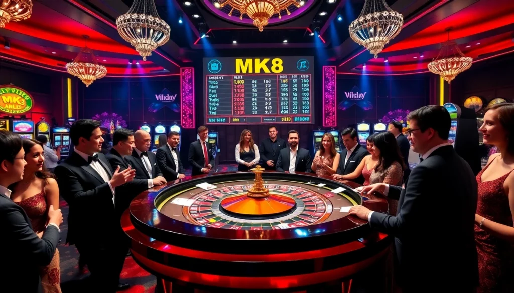 Players placing bets at an MK8 roulette table surrounded by excitement in a luxurious casino.