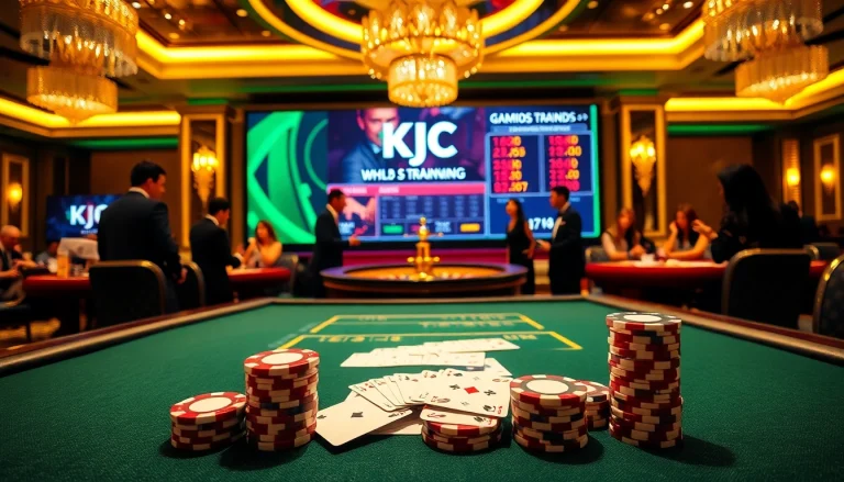 KJC poker players strategizing at a luxury casino table, showcasing excitement and professionalism.
