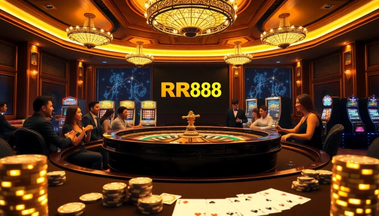 RR88 casino scene showcasing an elegant roulette table with excited players and luxurious décor.