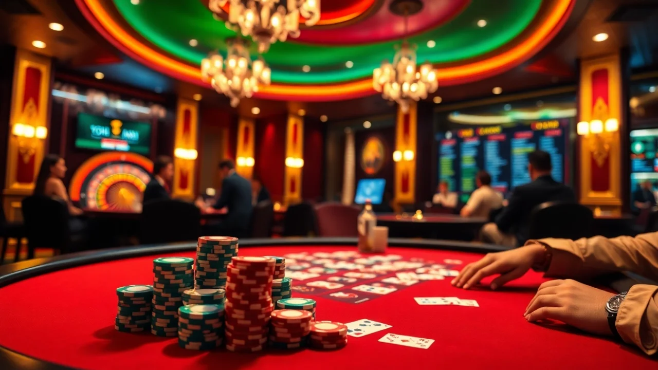 Players enjoying poker at a vibrant casino table highlighting good88k.blog's excitement.