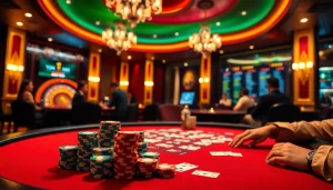 Players enjoying poker at a vibrant casino table highlighting good88k.blog's excitement.