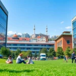 Bahcesehir university apply: Students collaborating at Bahçeşehir University campus in Istanbul, showcasing a vibrant learning environment.