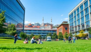 Bahcesehir university apply: Students collaborating at Bahçeşehir University campus in Istanbul, showcasing a vibrant learning environment.