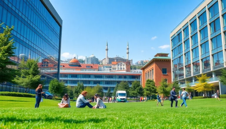 Bahcesehir university apply: Students collaborating at Bahçeşehir University campus in Istanbul, showcasing a vibrant learning environment.