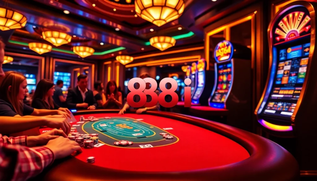 Players enjoying a thrilling blackjack game and slot machines showcasing 88i, capturing casino excitement.