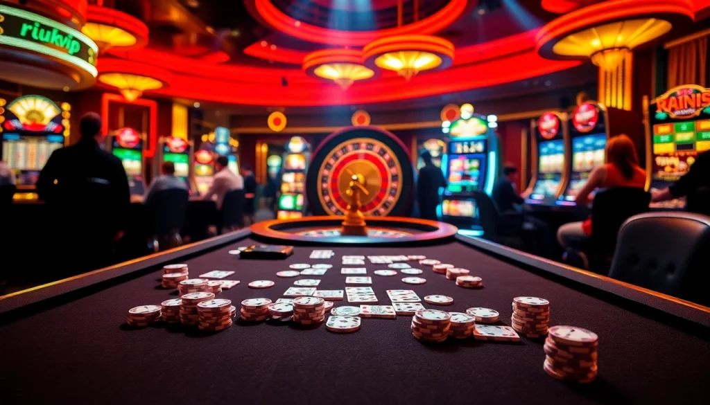 Players enjoying high-stakes poker at a luxurious rikvip casino table.