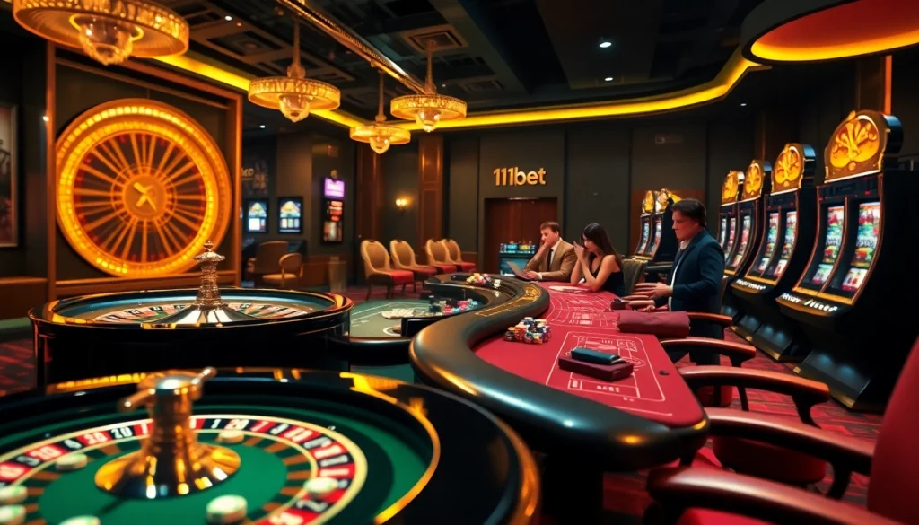An engaging casino scene featuring games and excitement linked to https://11bet.fashion/, with players at roulette and poker tables.