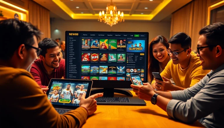 Interactive New88 online betting platform with diverse users enjoying games on various devices.