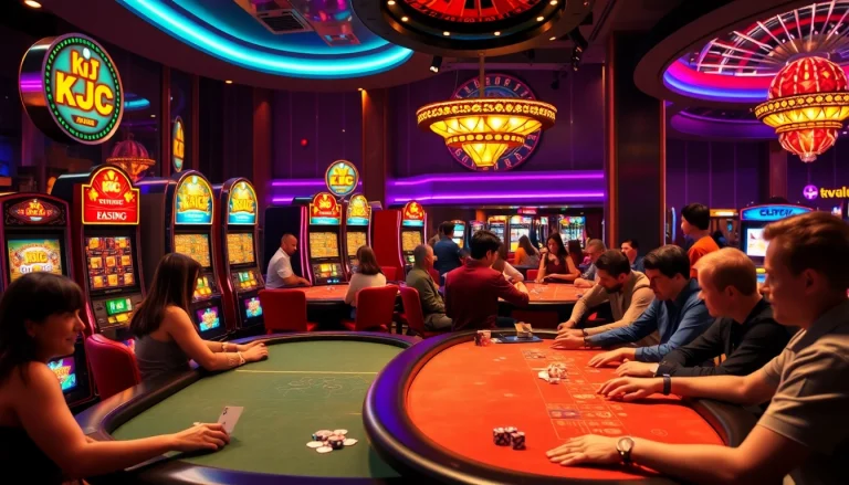 KJC players enjoying an exciting casino floor atmosphere with poker tables and vibrant slot machines.