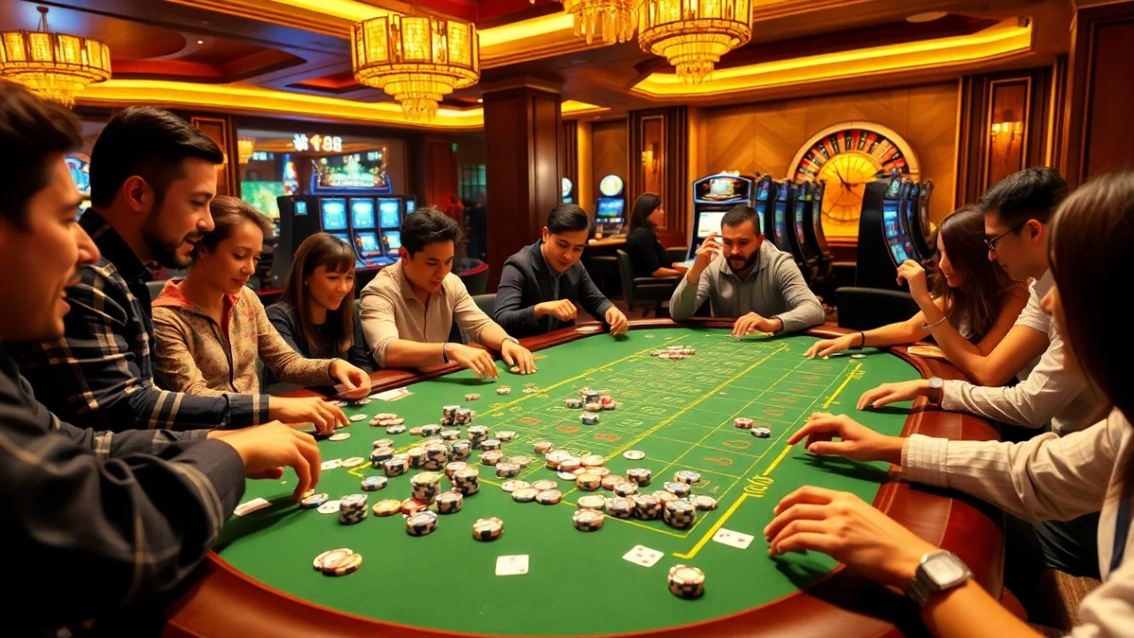 Experience the thrill of xin88 with players engaging at a vibrant casino table, showcasing excitement.