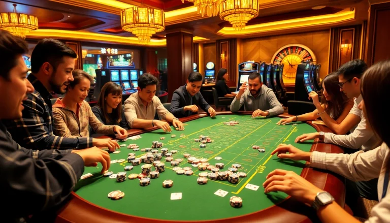 Experience the thrill of xin88 with players engaging at a vibrant casino table, showcasing excitement.