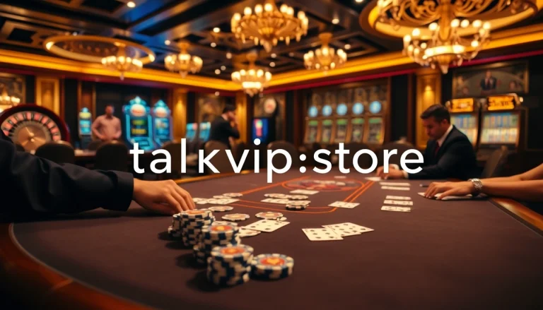 Engaging poker gameplay at a luxury casino with elements from https://rikvip1.store/tac-gia-rikvip/ in the background.
