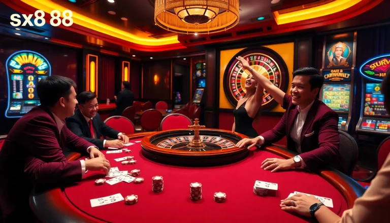 Experience the thrill of winning at SX888 with vibrant casino action around poker tables and roulette wheels.