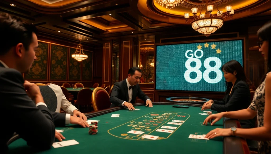 Players enjoying a high-stakes game with GO 88 chips at an elegant casino table.