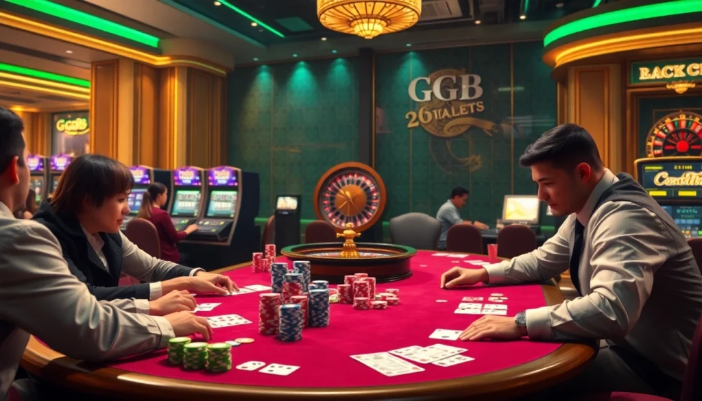 Engage in high-stakes poker at GG88.co.com's luxurious casino experience, showcasing vibrant chips and cards.