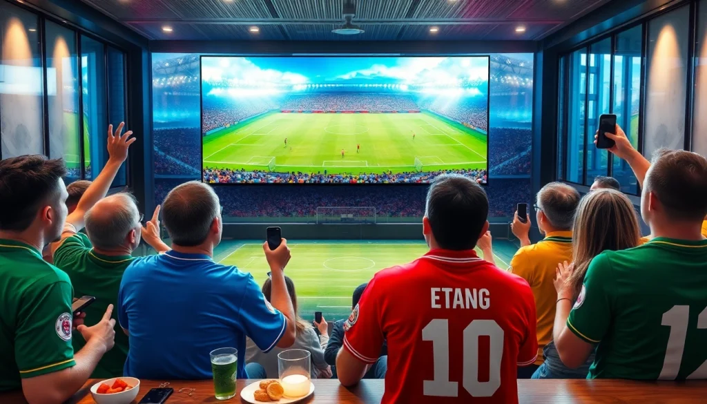 Football fans enjoying a live match on vaoluoi tv in a vibrant viewing atmosphere.