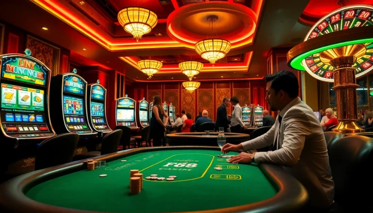 Experience thrilling gameplay at fb88 with vibrant casino tables, poker chips, and slot machines.