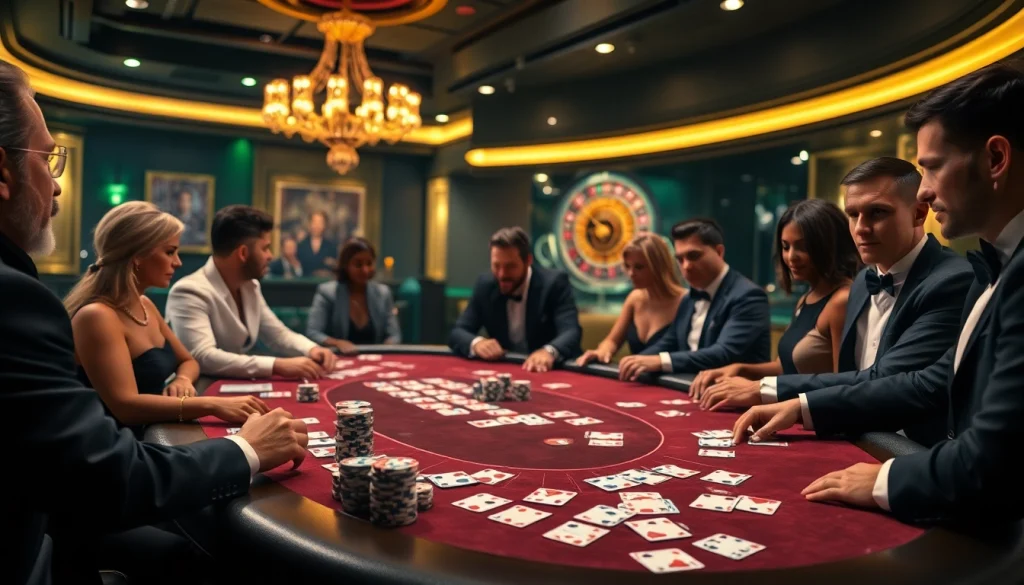 Players in an upscale casino enjoying games at the sumvip club poker table, showcasing high-stakes excitement.