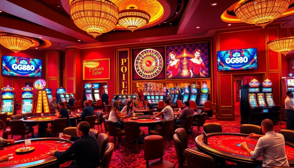Experience vibrant casino action at GG88 with players at poker tables and bright slot machines.