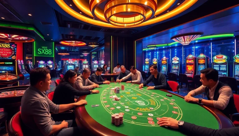 Players strategizing at poker tables featuring SX88-themed decor and vibrant casino ambiance.