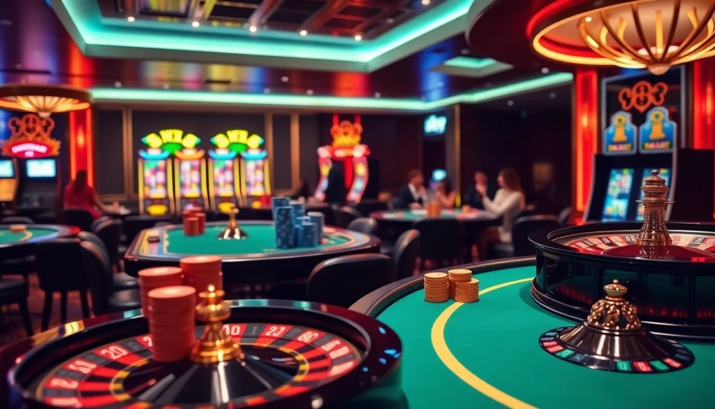 Sky88 VIP gaming experience with elegant tables, high-stacked poker chips, and luxurious ambiance.