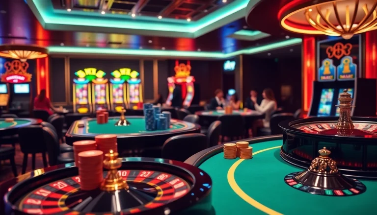 Sky88 VIP gaming experience with elegant tables, high-stacked poker chips, and luxurious ambiance.