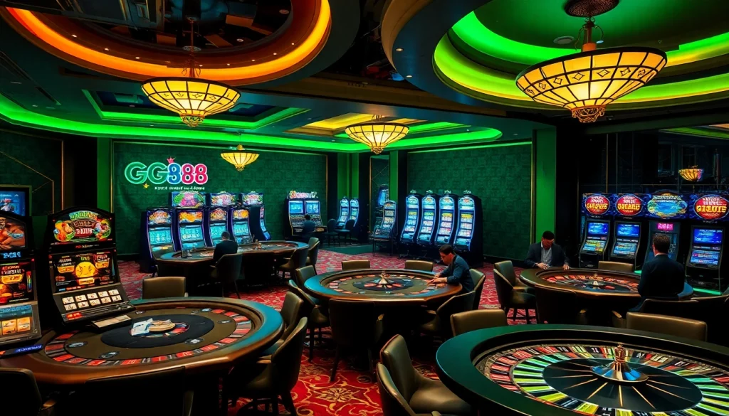 Exciting GG88 gaming scene featuring poker tables, chips, and slot machines.