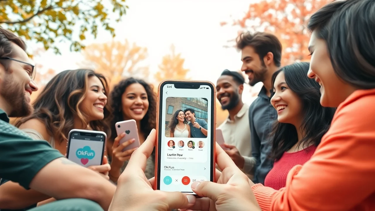 Engaging dating scene promoting OKFUN.COM with diverse couples enjoying meaningful connections.
