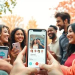 Engaging dating scene promoting OKFUN.COM with diverse couples enjoying meaningful connections.