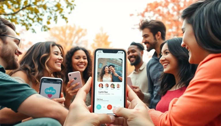 Engaging dating scene promoting OKFUN.COM with diverse couples enjoying meaningful connections.