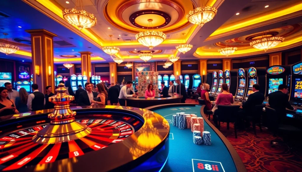 Exciting scene of gamblers enjoying betting action at 88i casino tables with vibrant games.