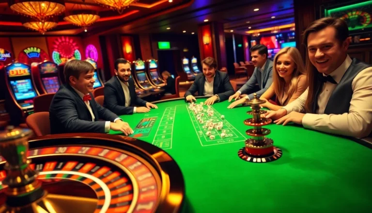 Experience thrilling gameplay at https://1haywin.us.com/, showcasing a vibrant casino table, roulette wheel, and excited players.