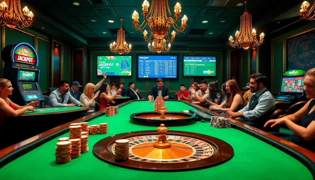Exciting casino atmosphere at MB66.COM with players enjoying games like poker and roulette.