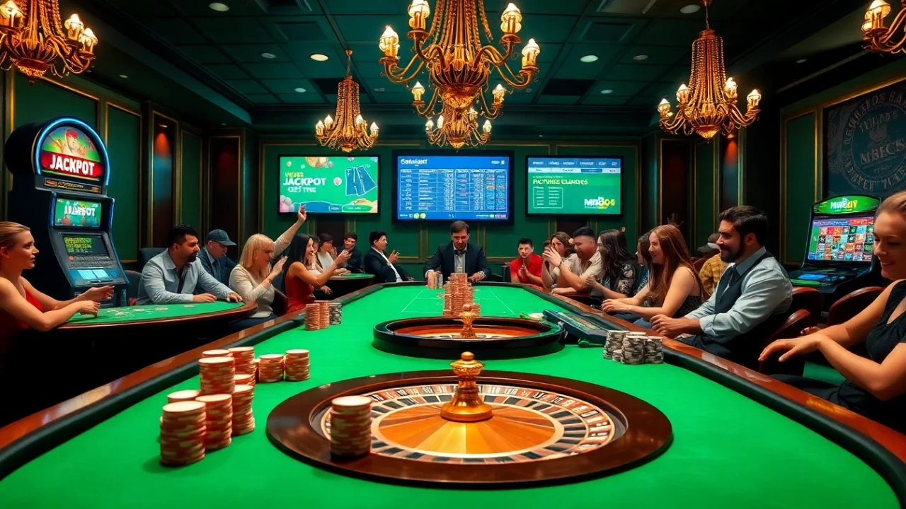 Exciting casino atmosphere at MB66.COM with players enjoying games like poker and roulette.