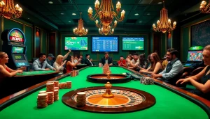 Exciting casino atmosphere at MB66.COM with players enjoying games like poker and roulette.