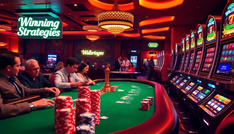 Engaging casino atmosphere with poker players and vibrant slot machines at https://s8onl.com/ focusing on winning strategies.