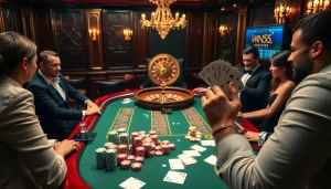 Win55 highlights a player triumphing at a luxury casino poker table, rich chips scattered around.
